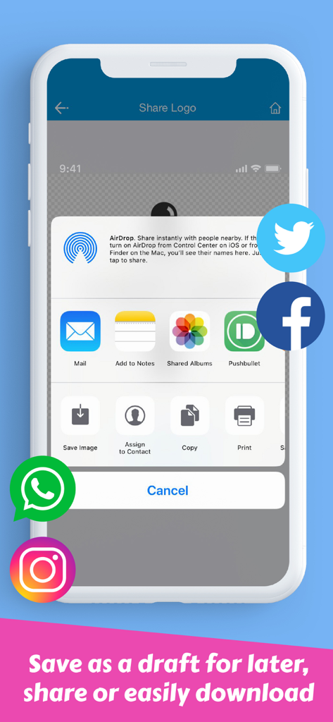 An iPhone screen displaying various sharing and saving options for a custom logo, including social media and direct download.