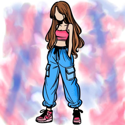 girl in baggy pants crop top and long hair