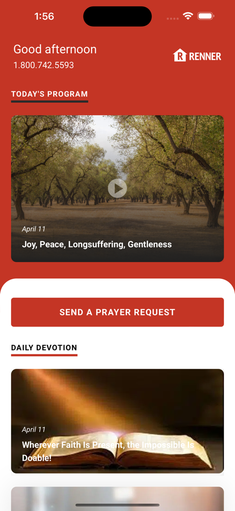 The Renner app dashboard showing daily devotionals and teaching videos