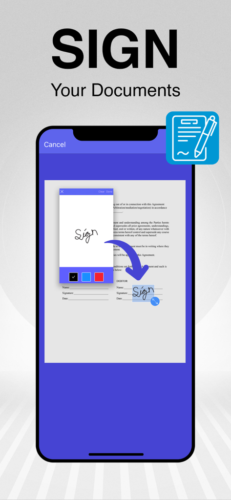 PDF Doc Scanner: Scan Cloud - Interface do aplicativo móvel mostrando como adicionar uma assinatura digital a um documento PDF escaneado
