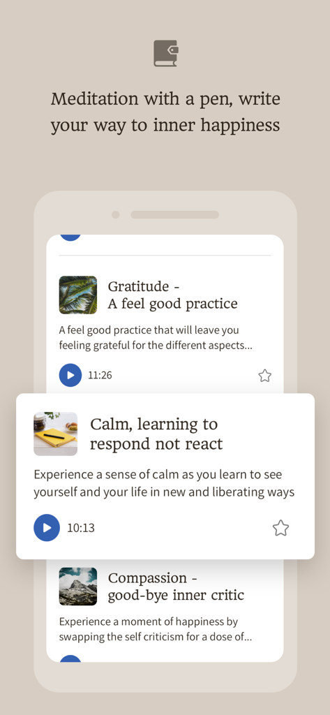 The Happy Habit - Interface of The Happy Habit app displaying meditation and journaling sessions for gratitude and calm