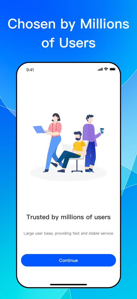 Open VPN-Unlimited Proxy - Pantalla de incorporación de la aplicación Open VPN que destaca su gran base de usuarios y de confianza.