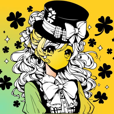 a manga-style girl with clovers around her, a little hat in her hair, like it's saint patrick's day