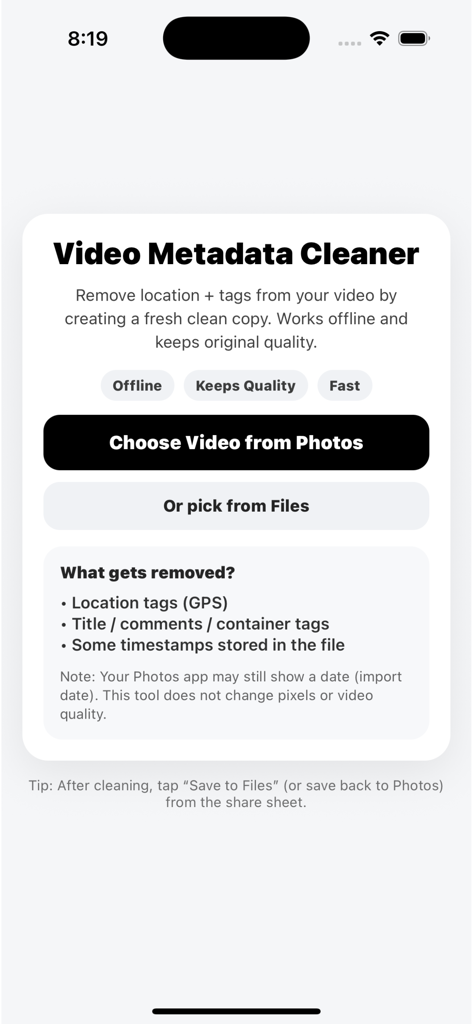 Interface of the Video Metadata Cleaner app showing options to remove location tags and metadata from videos