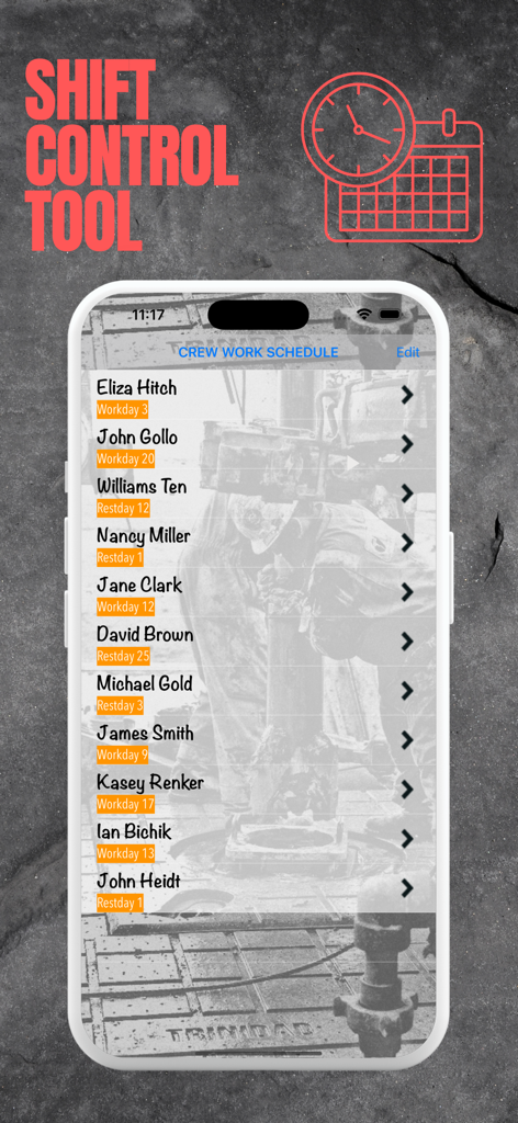 Shift Calendar for Oilfield - Mobile app screen showing a crew work schedule for oilfield workers with status badges for work and rest days.