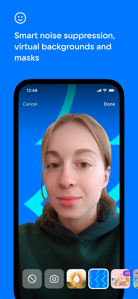 VK Calls - VK Calls mobile app showing virtual backgrounds and masks for video conferencing