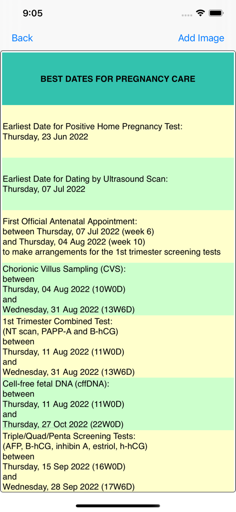 iFetal Pro +2 - A list of recommended dates for pregnancy tests and medical appointments in the iFetal Pro app.