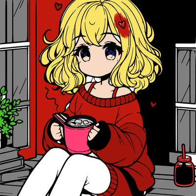cute anime girl reading book and drinking hot chocolate from mug with loose wavy hair wearing a baggy sweatshirt and shorts sitting by windowsill looking out