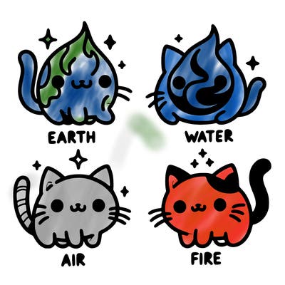4 cats that represent the different elements, earth, water, air, and fire