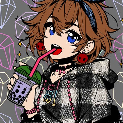 hot baddie anime girl drinking boba and biting the straw