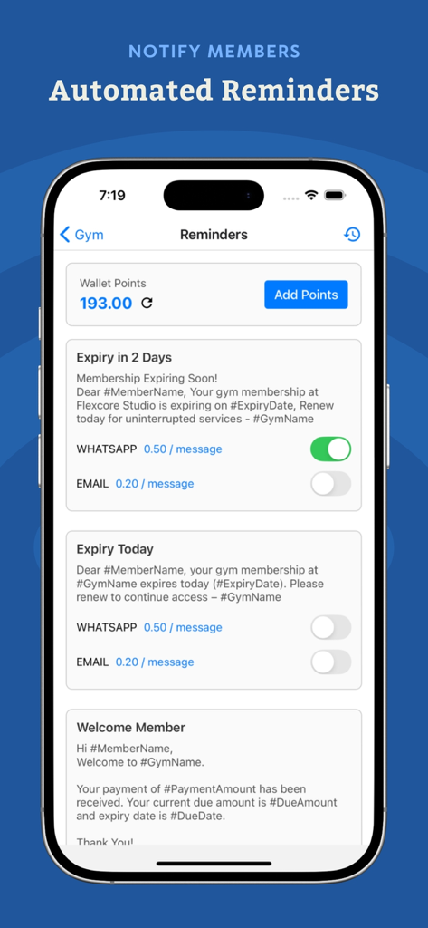 Gymzee : Gym Management App - Gymzee mobile app screen for automated membership notifications and expiry reminders