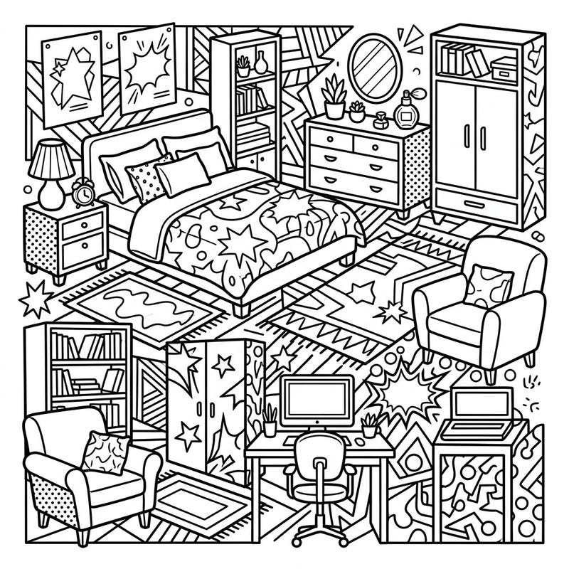 Step into a groovy world with this Pop Art bedroom furniture coloring page, packed with iconic pieces and dynamic designs. Explore a room bursting with personality, ready for your artistic touch.