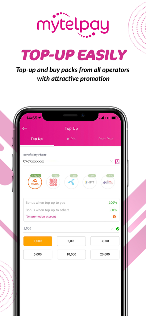 MytelPay - MytelPay mobile app interface showing top up options for Myanmar mobile operators