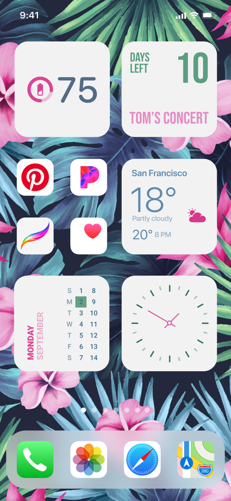 Widget | Countdown to birthday - Aesthetic iPhone home screen with pastel widgets for battery countdown weather and calendar on a tropical floral wallpaper