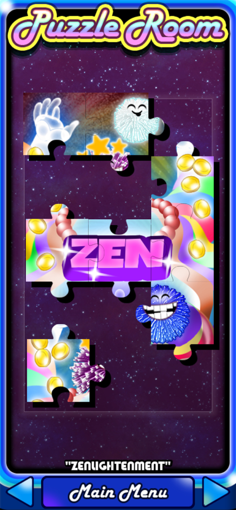 Chuzzle 2 - A jigsaw puzzle screen in Chuzzle 2 showing pieces with colorful fuzzy characters and a Zen theme