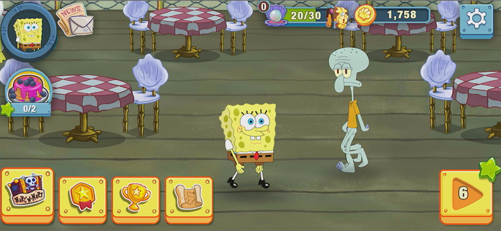 SpongeBob: Get Cooking - SpongeBob and Squidward standing in a restaurant in the SpongeBob Get Cooking mobile game