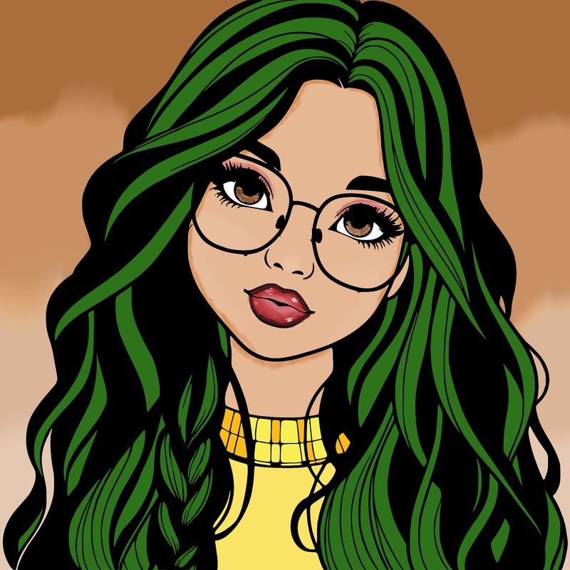 girl with long hair and freckles and glasses realistic