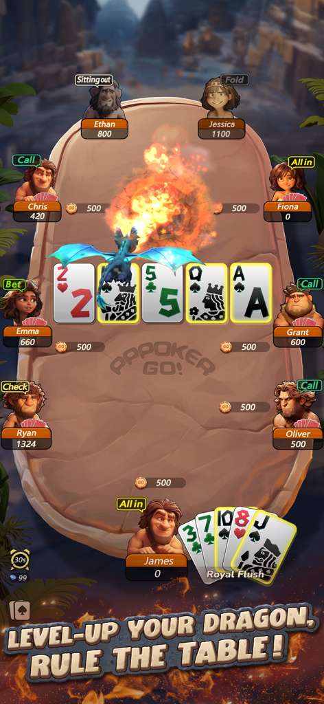 PPPoker Go poker table featuring prehistoric character avatars and a fire-breathing dragon mascot.