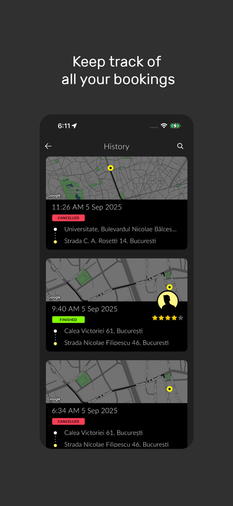 BlackCab - Mobile screen showing the ride history log with maps and trip details in the BlackCab app