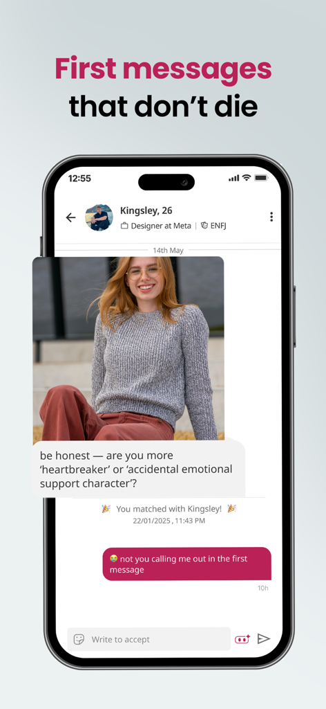 Hunch dating app chat interface showing a personality-based first message and response.