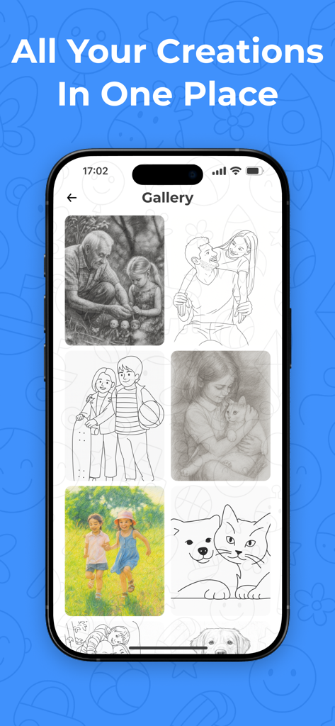 Sketchfy: Coloring Book Maker - 사진에서 만든 개인 맞춤 색칠 페이지를 보여주는 Sketchfy 앱의 갤러리 보기