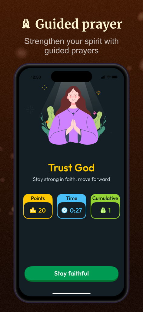 Guided prayer interface of the KJV Bible Now app featuring a woman praying and spiritual progress tracking