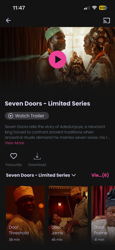 Kava TV app interface displaying details for the Nollywood limited series Seven Doors
