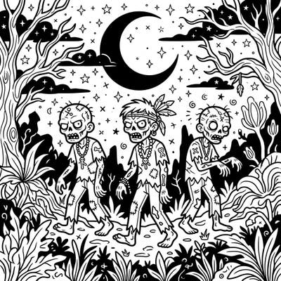 Step into a mysterious world where Voodoo Zombies roam under the glow of a crescent moon. This unique coloring page offers an engaging challenge for adult and teen colorists seeking a thrill.