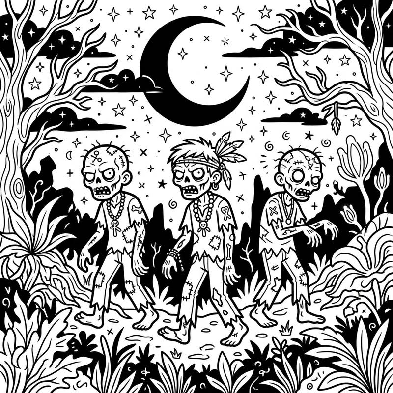 Step into a mysterious world where Voodoo Zombies roam under the glow of a crescent moon. This unique coloring page offers an engaging challenge for adult and teen colorists seeking a thrill.
