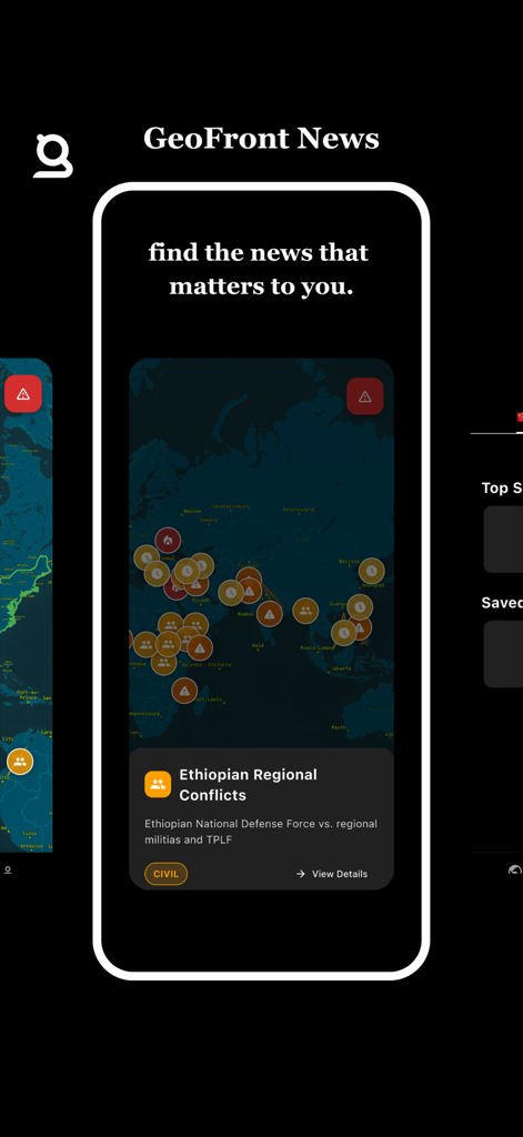 GeoFront - Mobile interface of GeoFront news app displaying an interactive map with geopolitical event markers