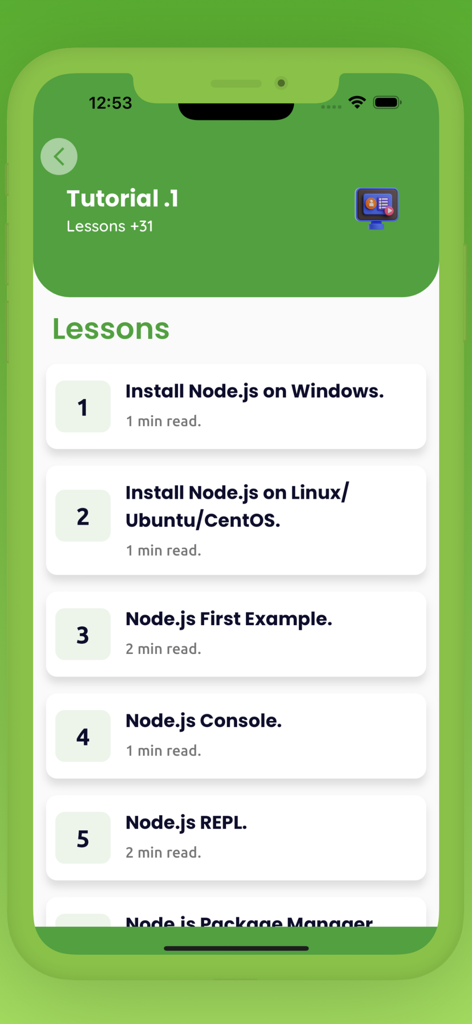 NodeJS Programming Guide - Eine Liste von Lernlektionen in der NodeJS Programming Guide App, beginnend mit Installation und grundlegenden Konzepten