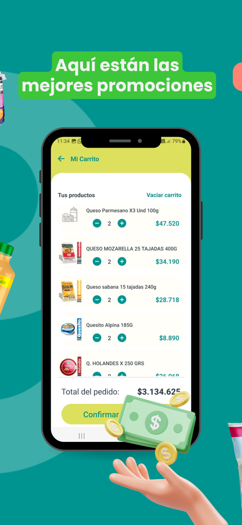 Compi Alpina - Vista del carrito de compras en la aplicación Compi Alpina mostrando una lista de productos de queso y el total del pedido