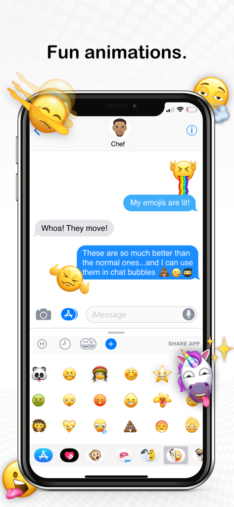 Moji Maker™ | Emoji Messenger - iPhone screen showing custom animated stickers and emojis used in an iMessage chat conversation
