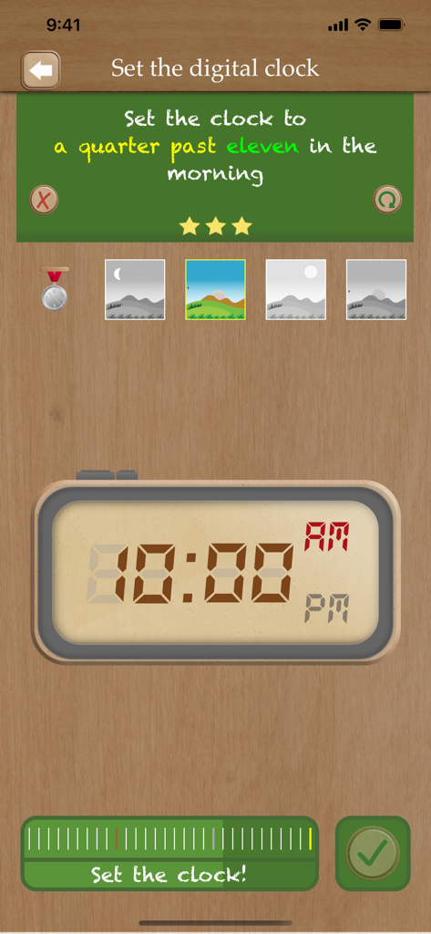 A digital clock exercise in the Set the Clock app where children learn to tell time on a wooden-themed interface.