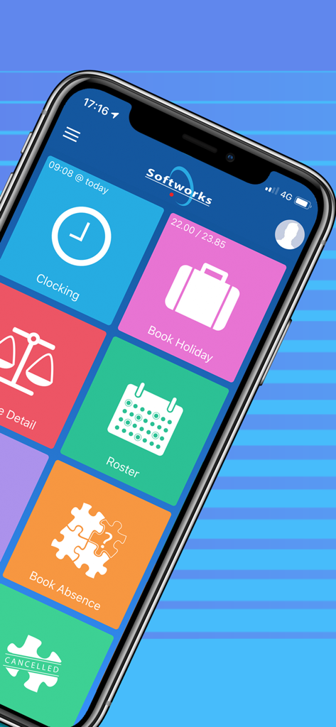 Softworks Self Service App - Main dashboard of the Softworks Self Service App displaying navigation tiles for clocking roster and holiday booking