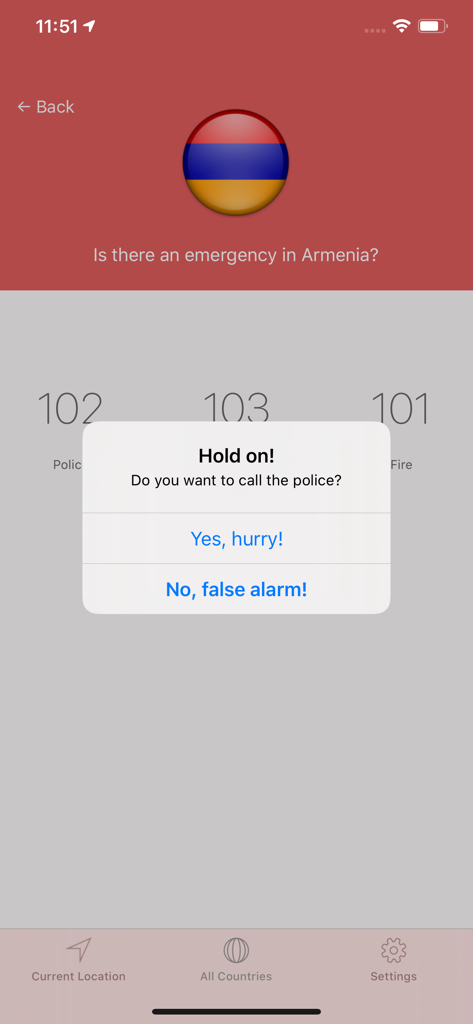 SOS Global Emergency Numbers - Emergency call confirmation screen for the police in Armenia