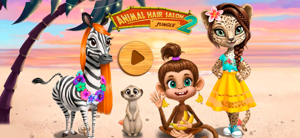 Jungle Animal Hair Salon 2 home screen featuring a zebra, monkey, and leopard on a tropical beach