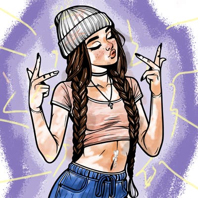 realistic teenage girl with braids and a beanie and crop top doing 🫶🏼