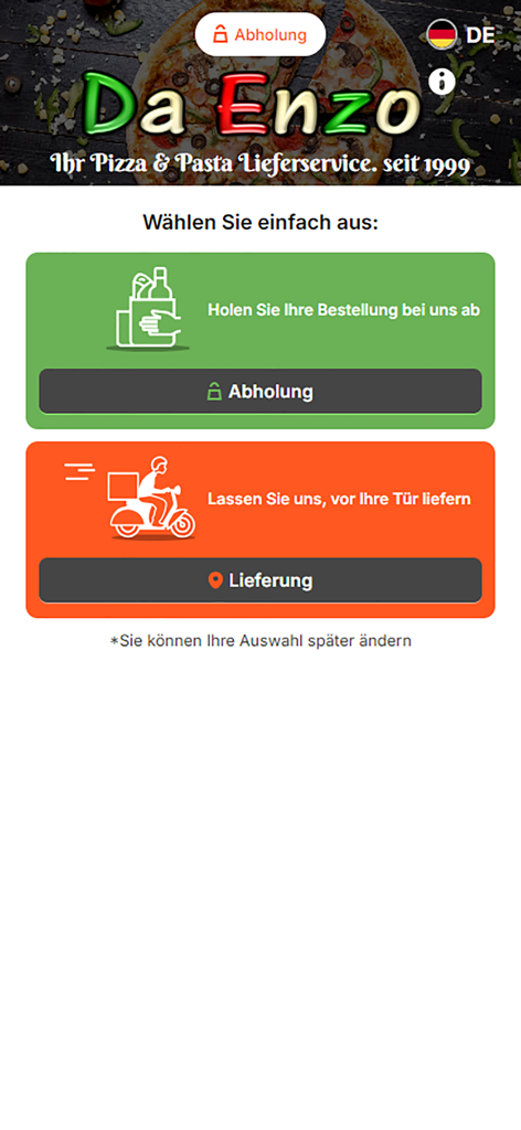 Pizzeria Da Enzo Bielefeld - Pizzeria Da Enzo app home screen showing pickup and delivery options