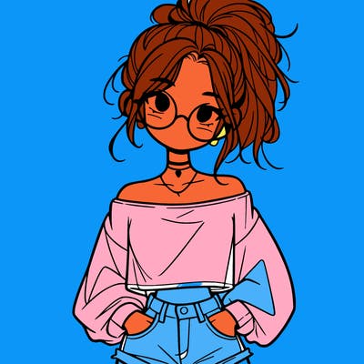 girl with a messy ponytail glasses a baggy crop top and jean shorts