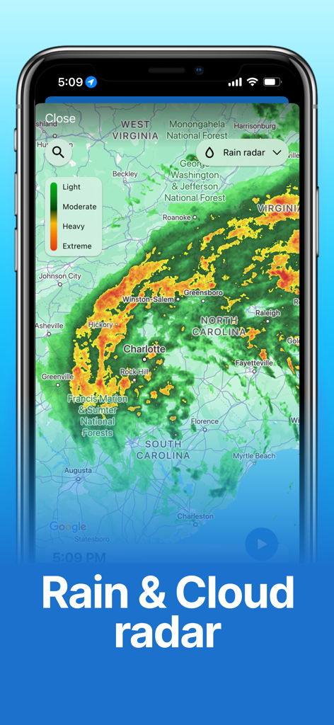 Fishing Points: Map & Forecast - Fishing Points app displaying a live rain and cloud radar forecast map over North and South Carolina.