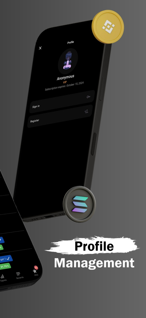 Smartphone screen showing the profile management page of the Pro Crypto Signals app with VIP status and crypto icons.