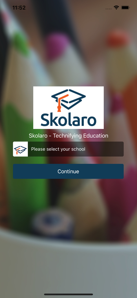 Skolaro - Tela de login do app Skolaro mostrando uma solicitação para selecionar uma escola