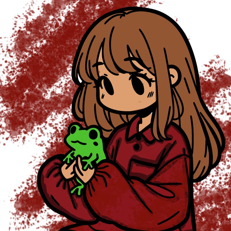 girl with long hair and a oversized shirt. and she is holding a frog