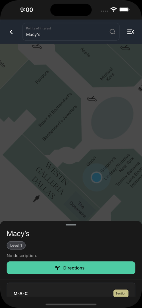 Map-in - Map-in app interface showing indoor navigation and store search for Macys at a shopping mall