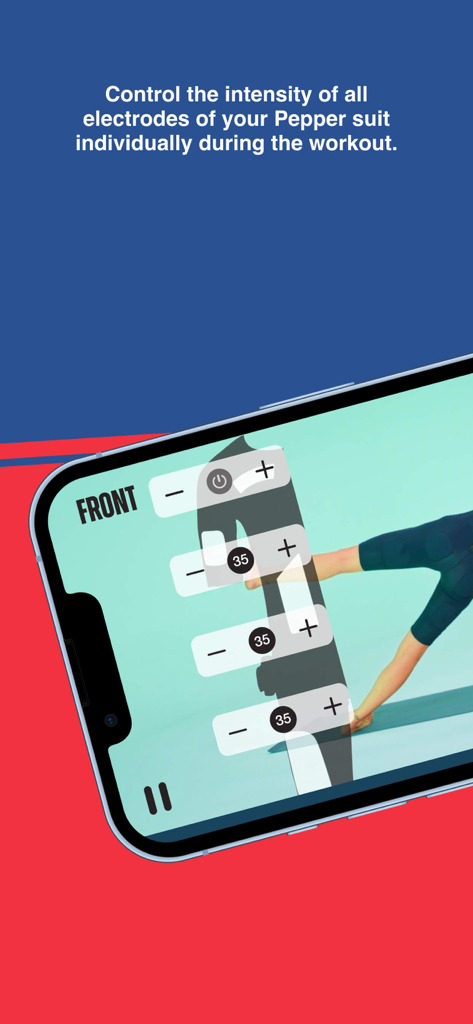 PEPPER: Home EMS Training - Smartphone-Bildschirm mit individuellen Intensitätssteuerungen für Muskelregionen während eines EMS-Trainings