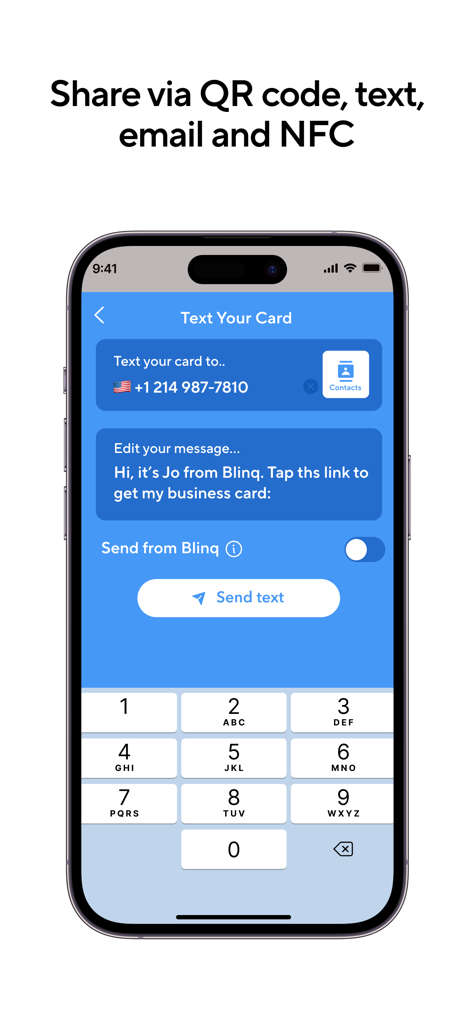 Interface of the Blinq app showing how to share a digital business card via text message