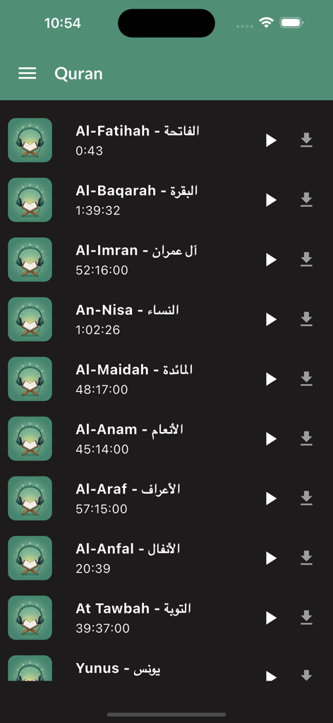 A list of Quran chapters in the MP3 Quran app with play and download buttons for audio recitation.
