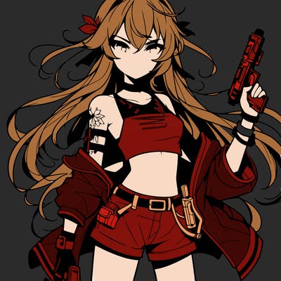 bad girl wearing crop top holding a gun long hair anime