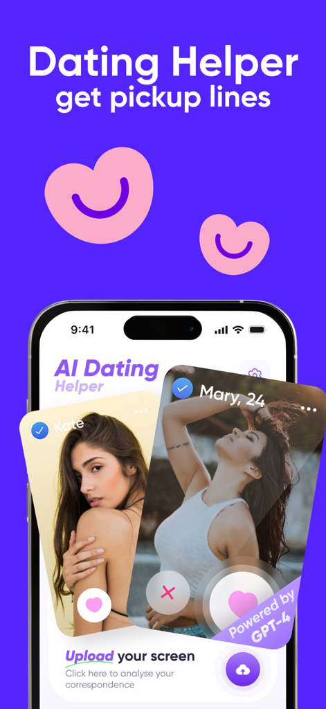 AI Dating Assistant: Badoo - AI Dating Assistant app interface showing profile cards and pickup line features powered by GPT-4